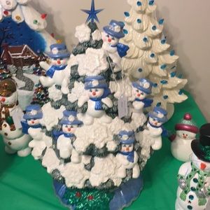 Handmade Ceramic Snowman Tree lights up